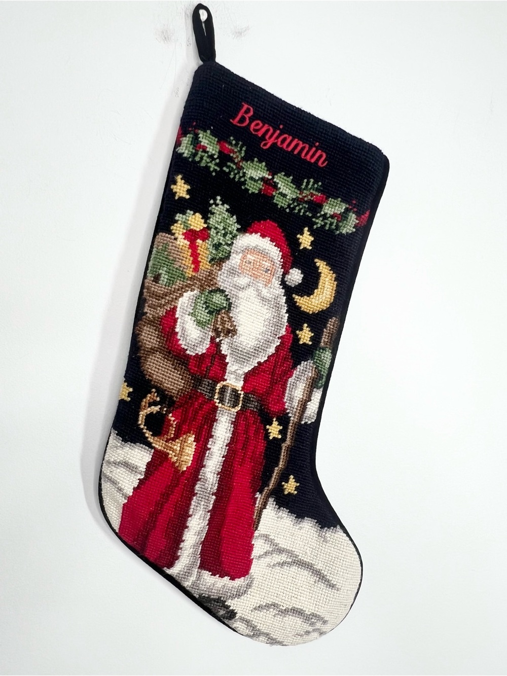 Lands’ End Needlepoint Wool Christmas Stocking Santa Clause “Benjamin”